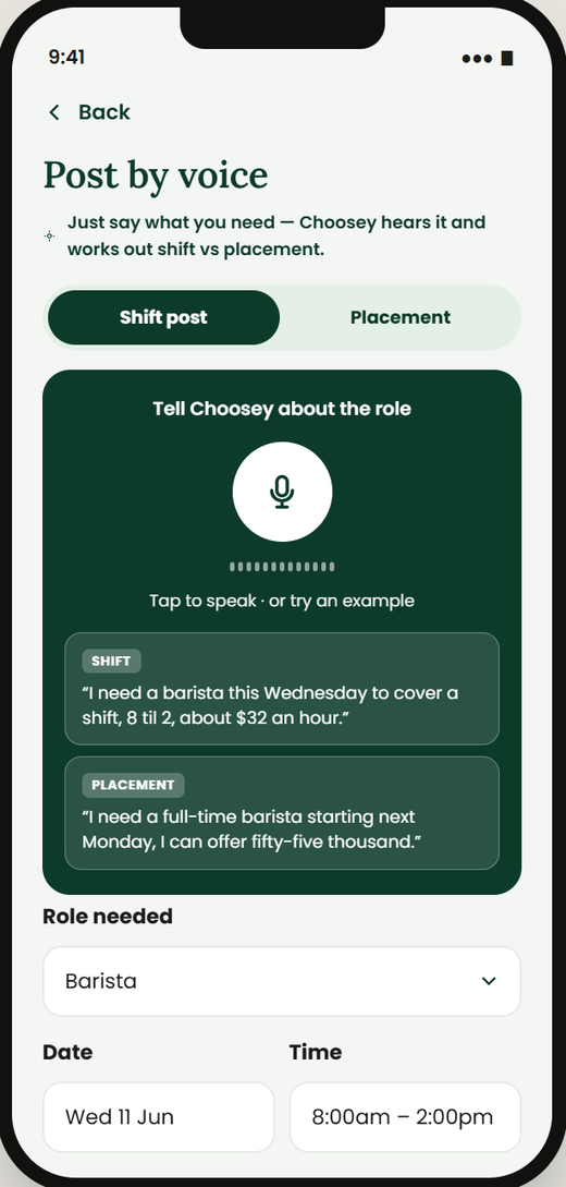 Posting a shift by voice